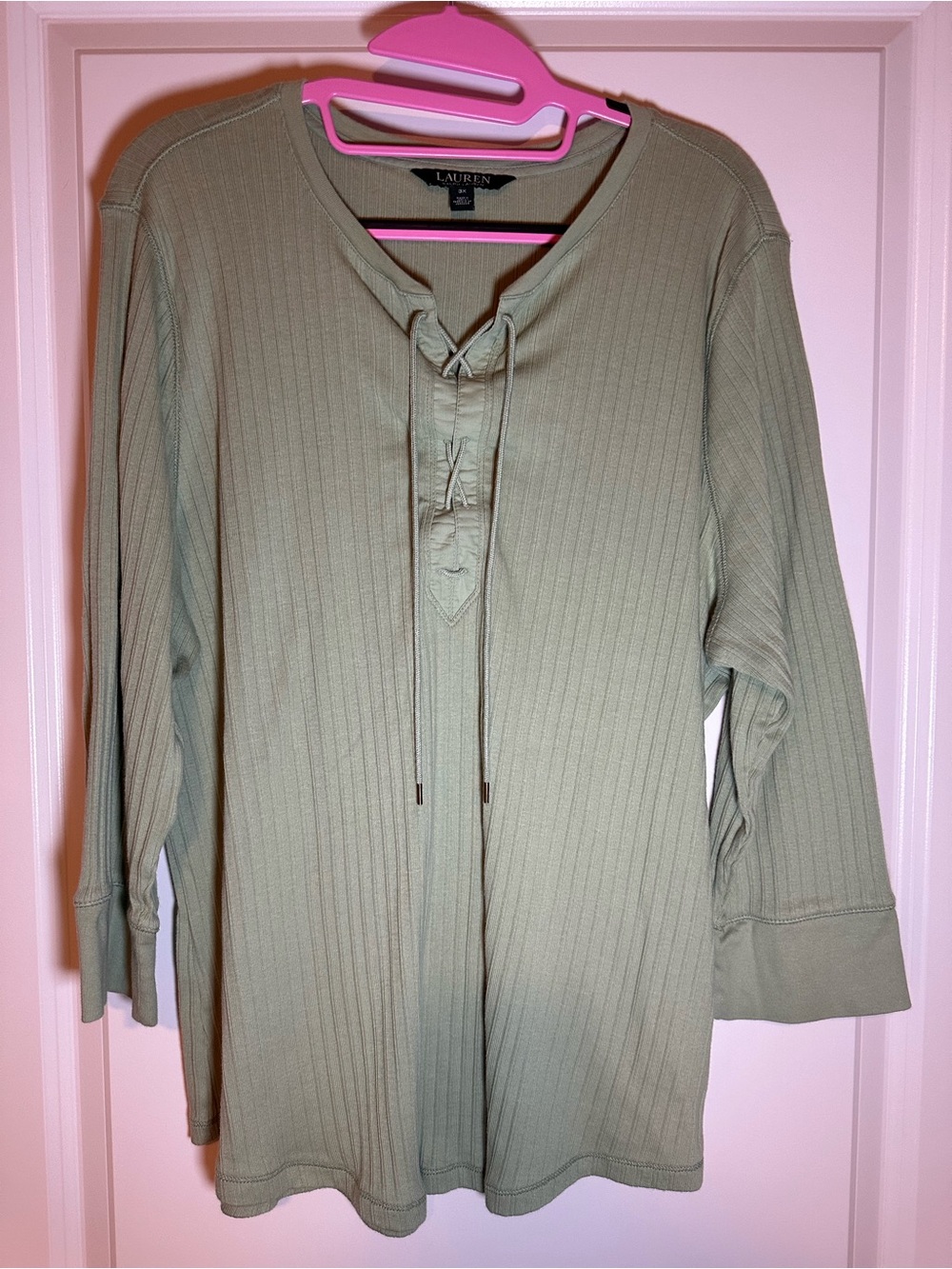 Ralph Lauren Olive Lace-Up Ribbed Long Sleeve Top